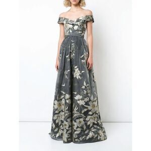 New! MARCHESA NOTTE Women's Floral Embroidered Metallic Fil Coupe Gown V-Back 2